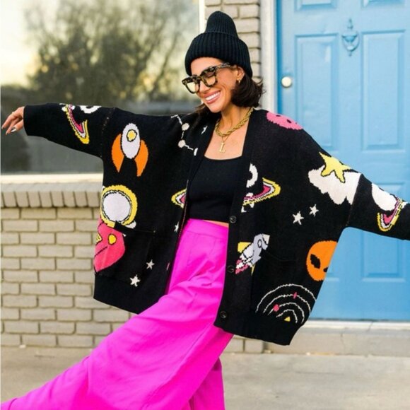 Dressed In LALA - RARE - Oversized Wish You Were Here Outerspace Cardigan - L/XL - Picture 2 of 7
